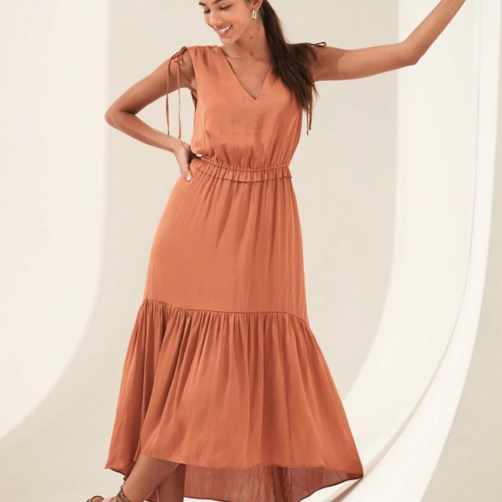 Banana Republic Satin Ruched Maxi Dress,Pink Sand Dune SIZE 8P NWT